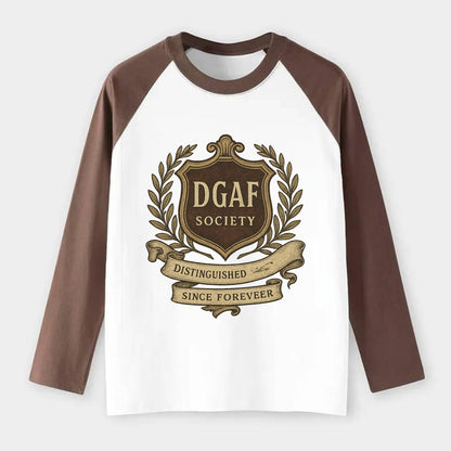 Official membership card design - "DGAF Society - Distinguished - Raglan Long Sleeve T-Shirt - Coffee