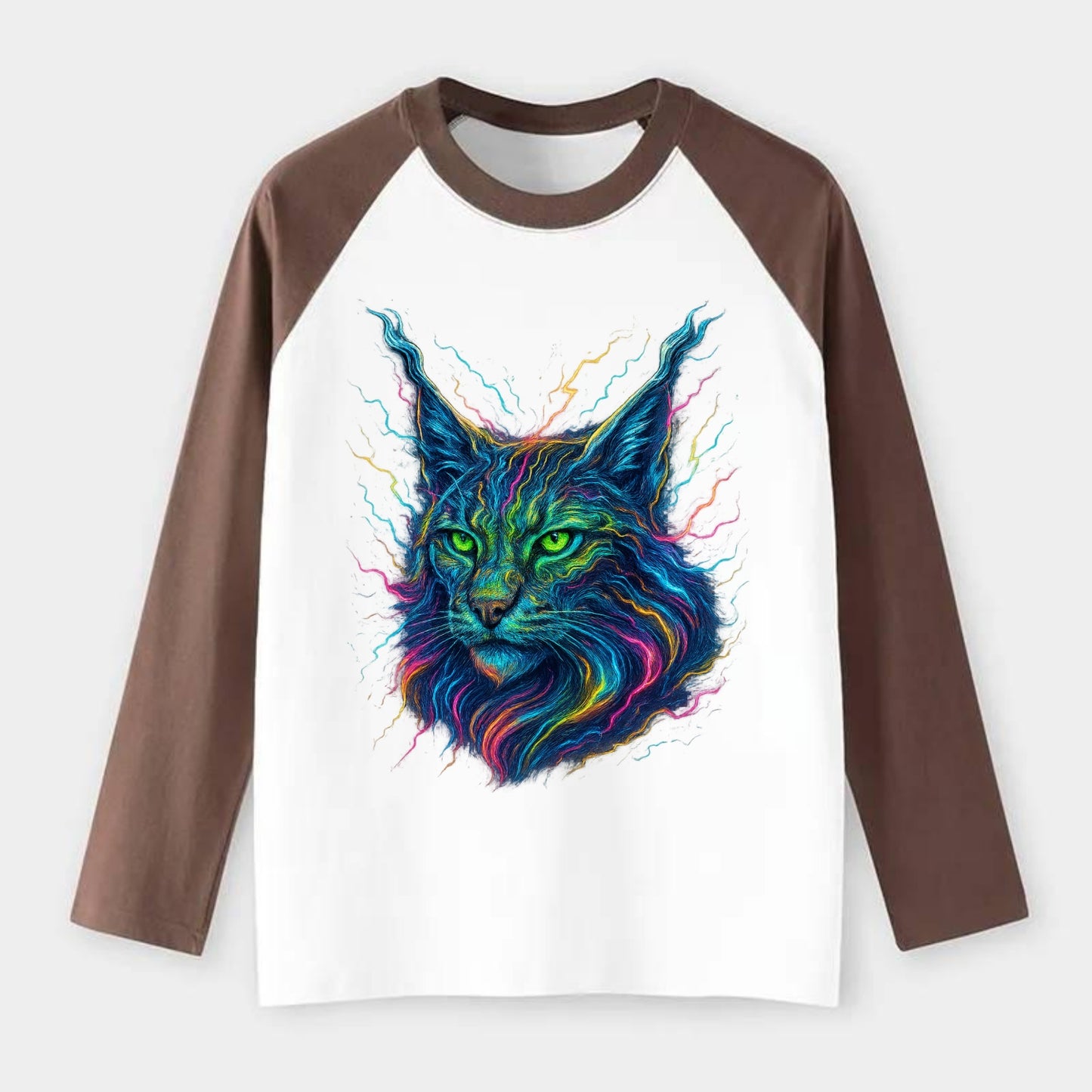Wild lynx with ear tufts transforming into liquid mercury flows, - Raglan Long Sleeve T-Shirt - Coffee