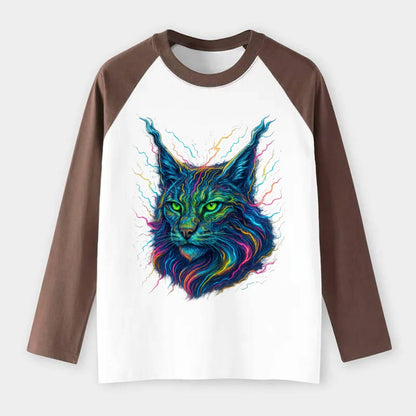 Wild lynx with ear tufts transforming into liquid mercury flows, - Raglan Long Sleeve T-Shirt - Coffee