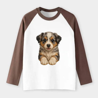 Baby Australian Shepherd Puppy - merle coat, bright eyes, fluffy, - Raglan Long Sleeve T-Shirt - Coffee