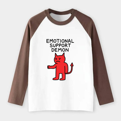 EMOTIONAL SUPPORT DEMON | Devil caring reluctantly - Raglan Long Sleeve T-Shirt - Coffee
