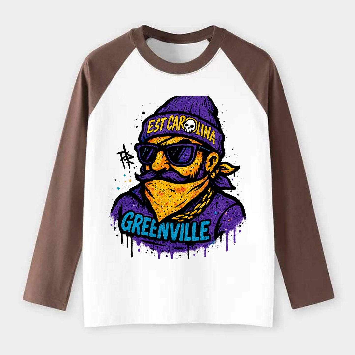 Greenville Pirate wearing East Carolina beanie with skull patch - Raglan Long Sleeve T-Shirt - Coffee