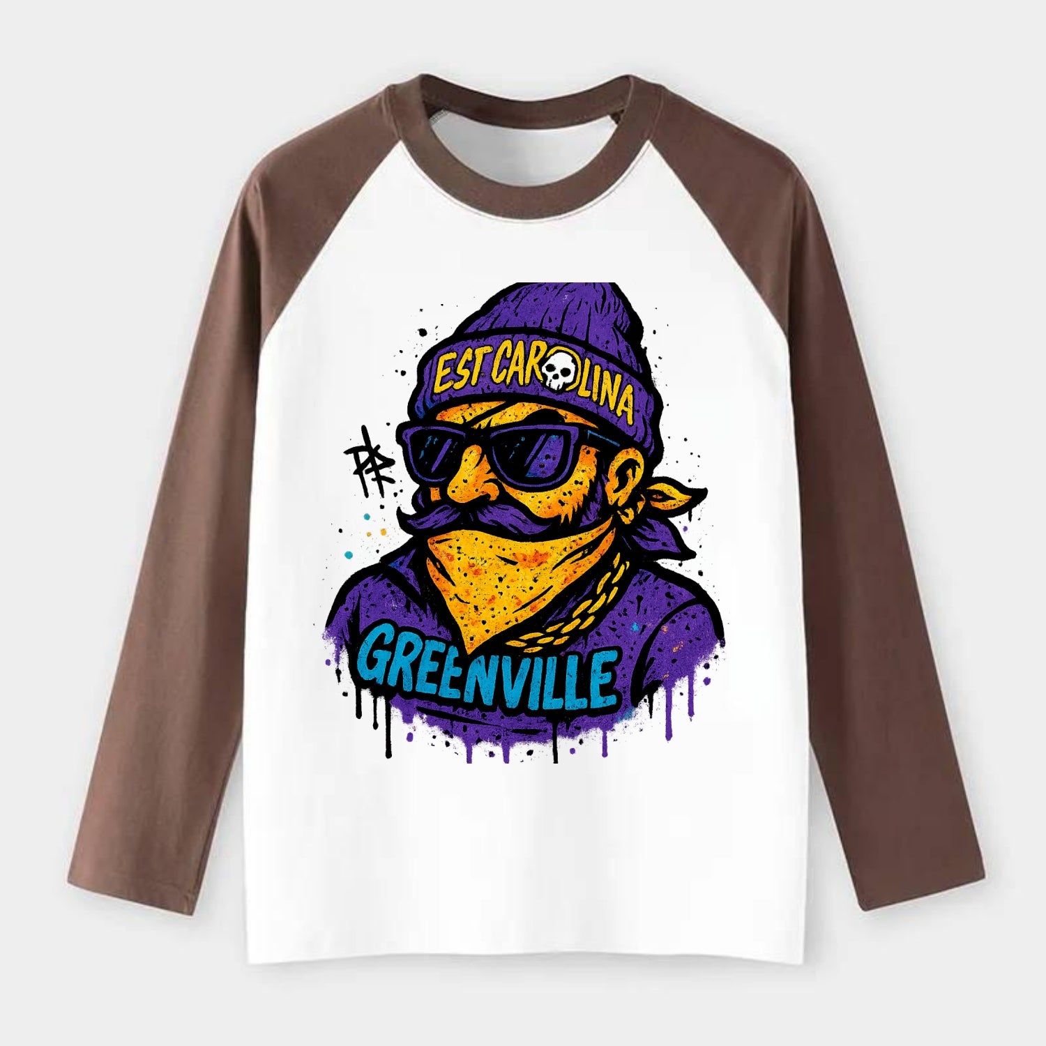 Greenville Pirate wearing East Carolina beanie with skull patch - Raglan Long Sleeve T-Shirt - Coffee