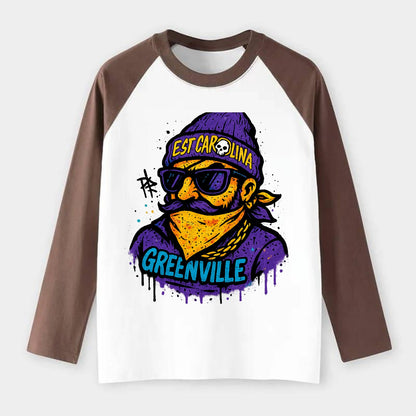 Greenville Pirate wearing East Carolina beanie with skull patch - Raglan Long Sleeve T-Shirt - Coffee