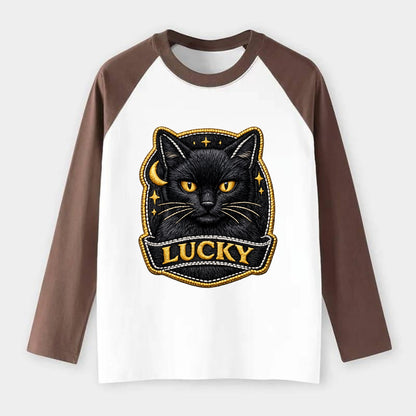 BLACK CAT LUCKY - sleek black cat with gold eyes in black , mysterious - Raglan Long Sleeve T-Shirt - Coffee
