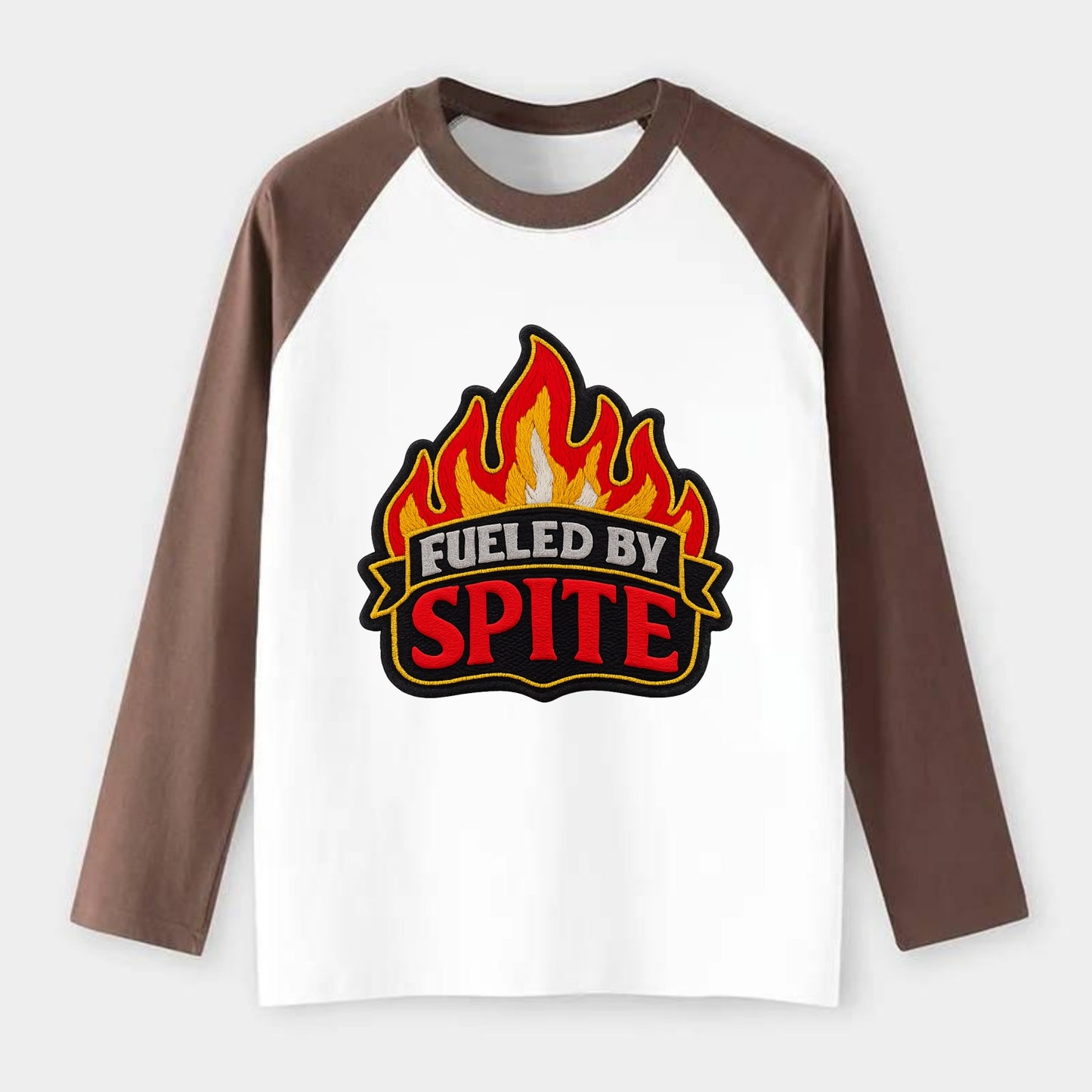 FUELED BY SPITE - fire with text in black and red , petty motivation - Raglan Long Sleeve T-Shirt - Coffee
