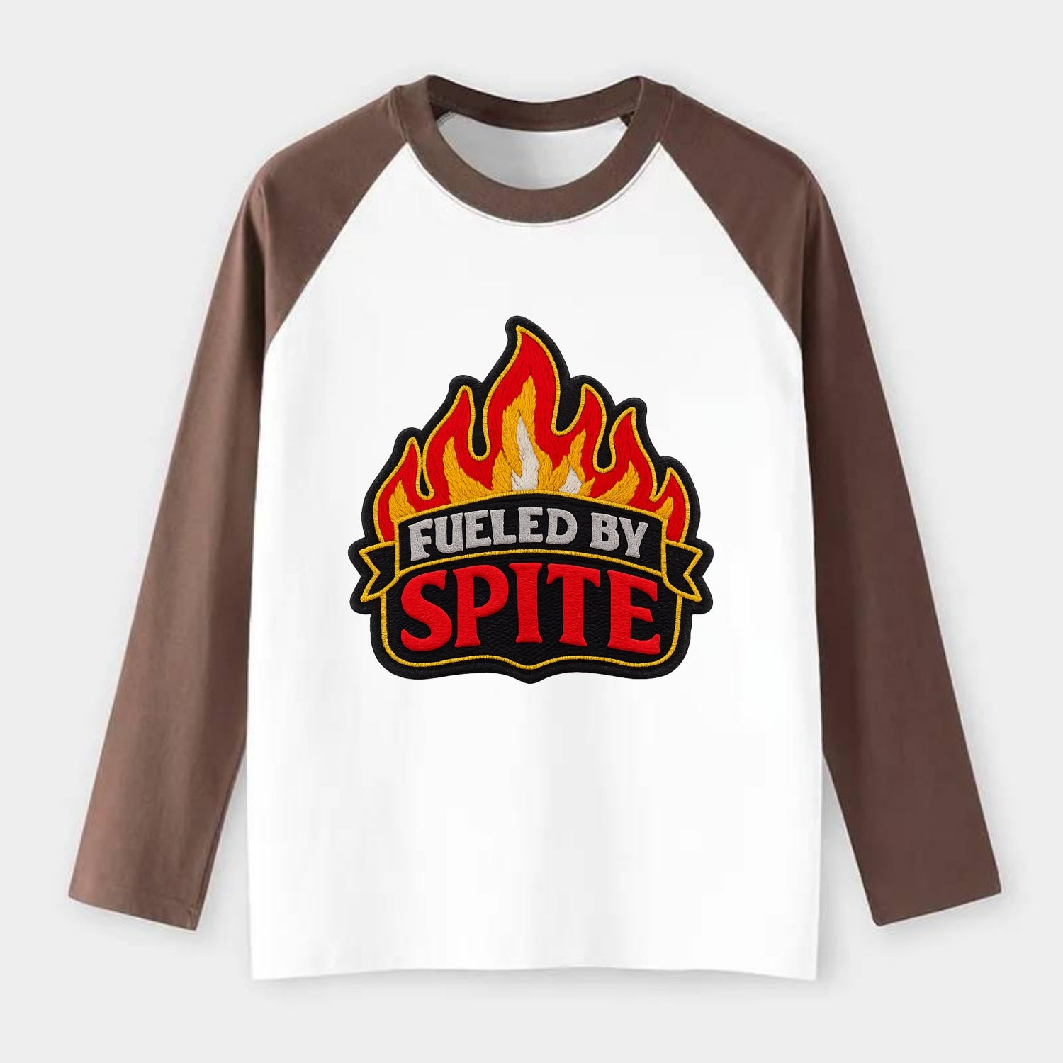 FUELED BY SPITE - fire with text in black and red , petty motivation - Raglan Long Sleeve T-Shirt - Coffee