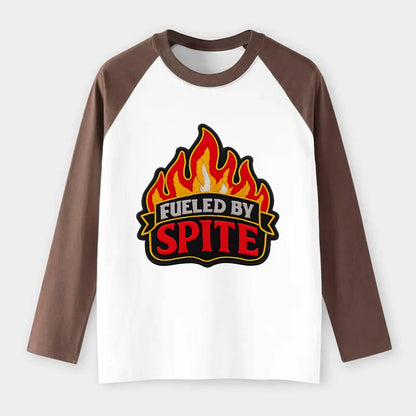 FUELED BY SPITE - fire with text in black and red , petty motivation - Raglan Long Sleeve T-Shirt - Coffee