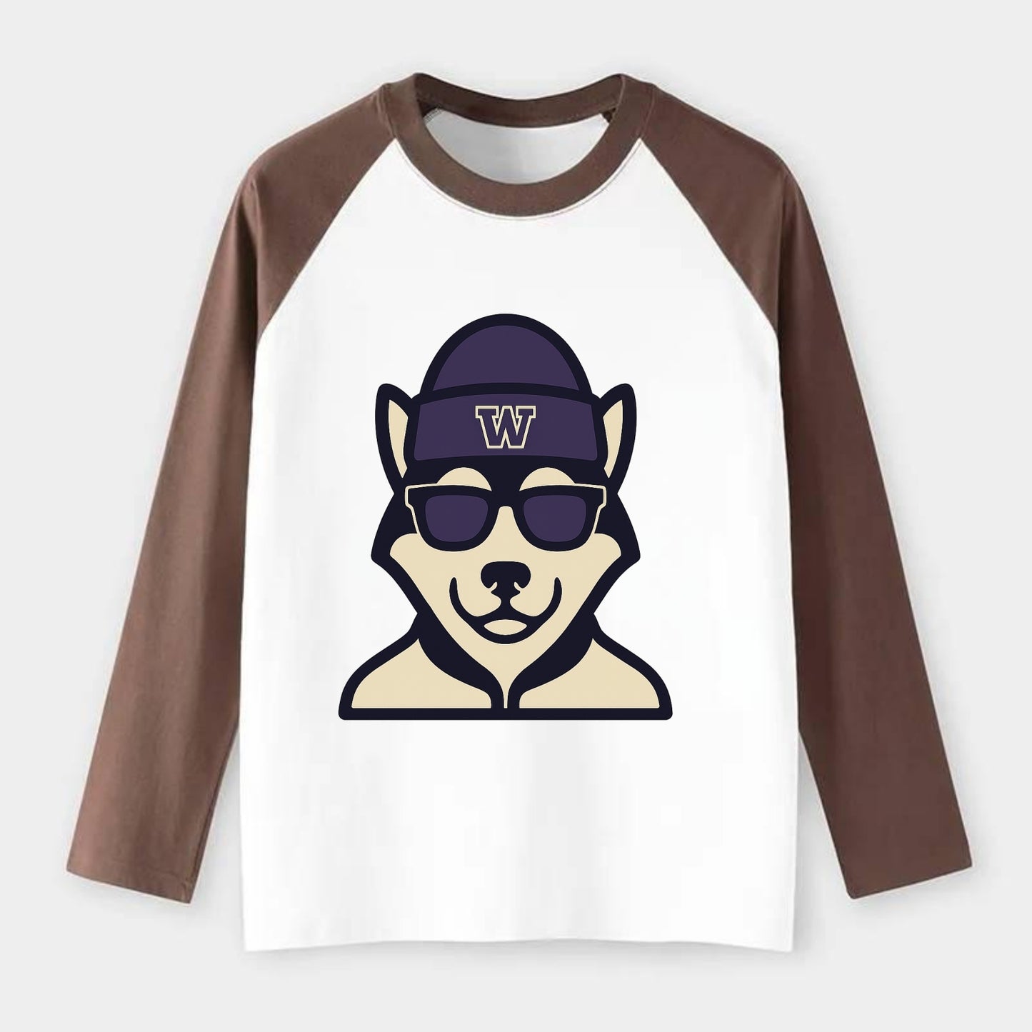 Seattle Husky wearing Washington beanie with W patch - Raglan Long Sleeve T-Shirt - Coffee