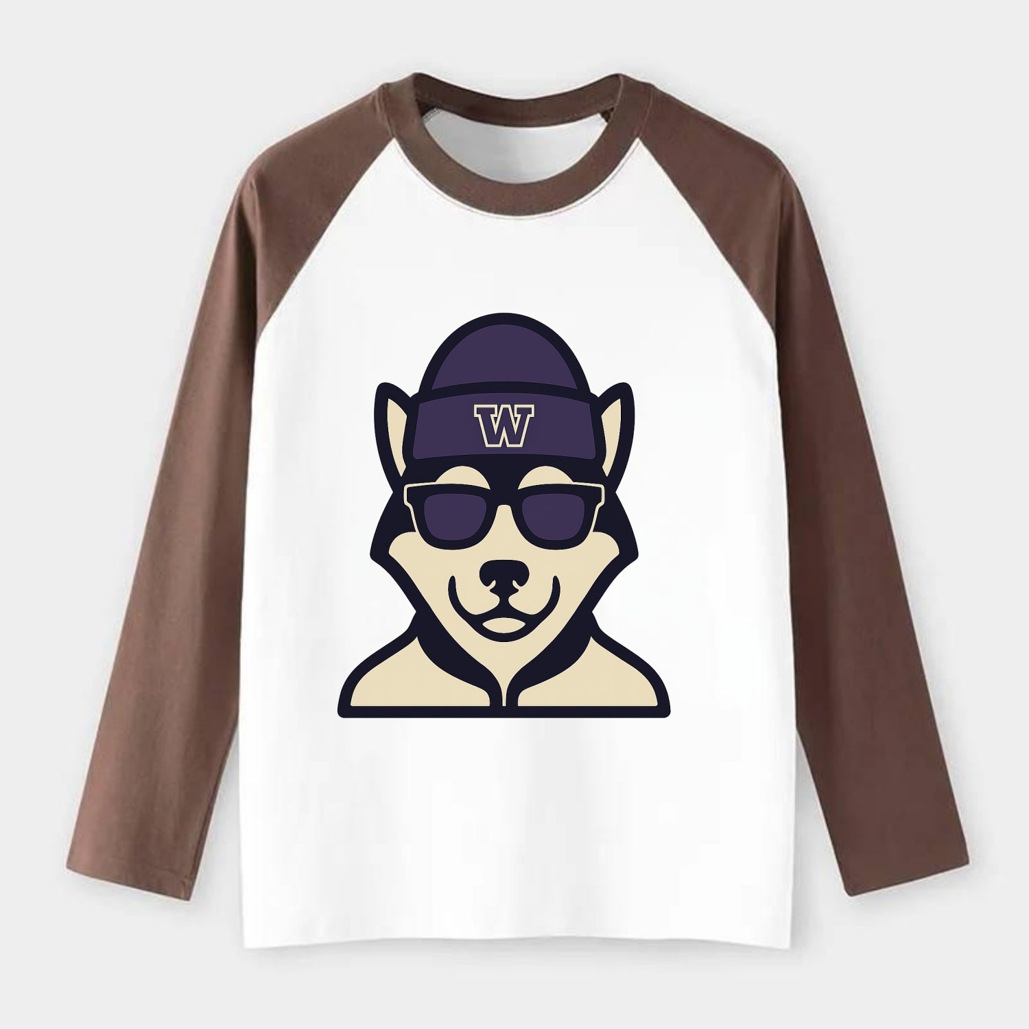 Seattle Husky wearing Washington beanie with W patch - Raglan Long Sleeve T-Shirt - Coffee
