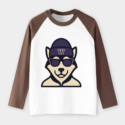 Seattle Husky wearing Washington beanie with W patch - Raglan Long Sleeve T-Shirt - Coffee