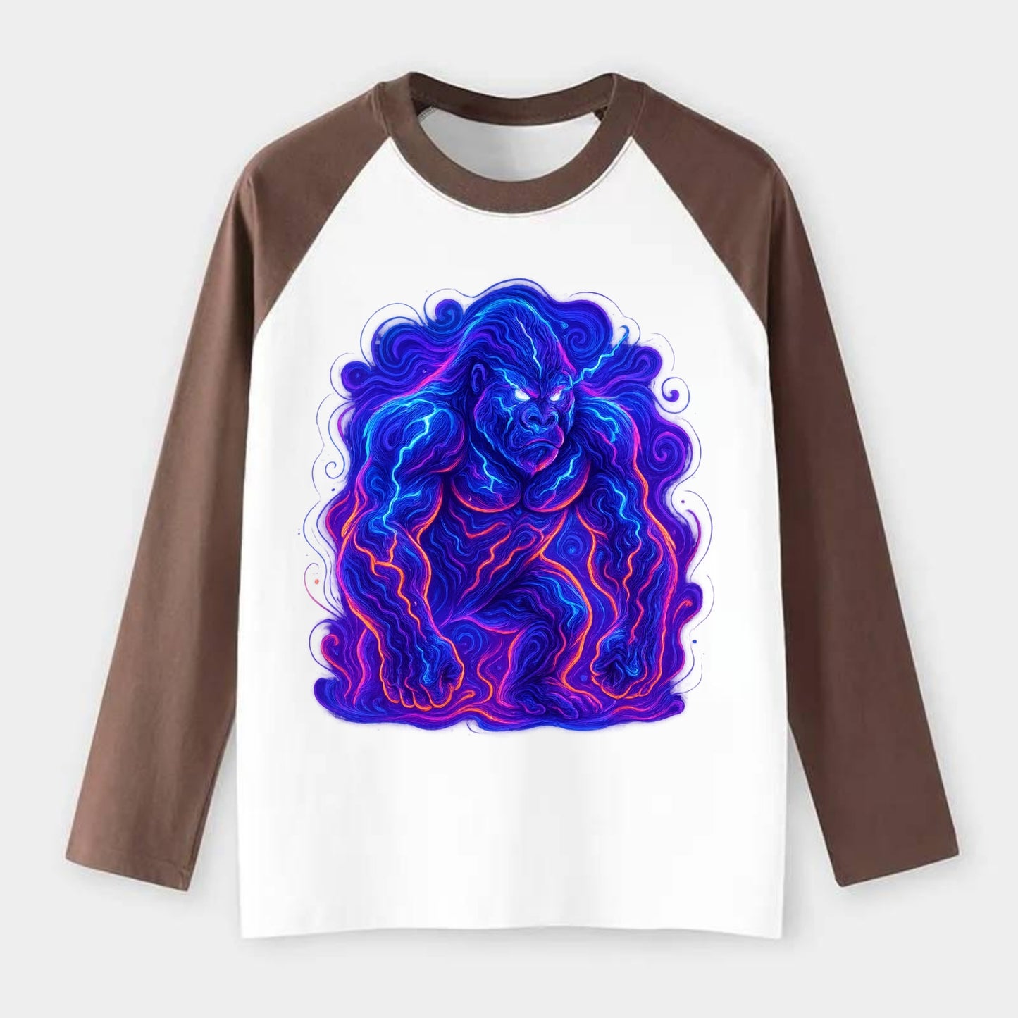 Mighty gorilla with electricity flowing through defined muscles, - Raglan Long Sleeve T-Shirt - Coffee