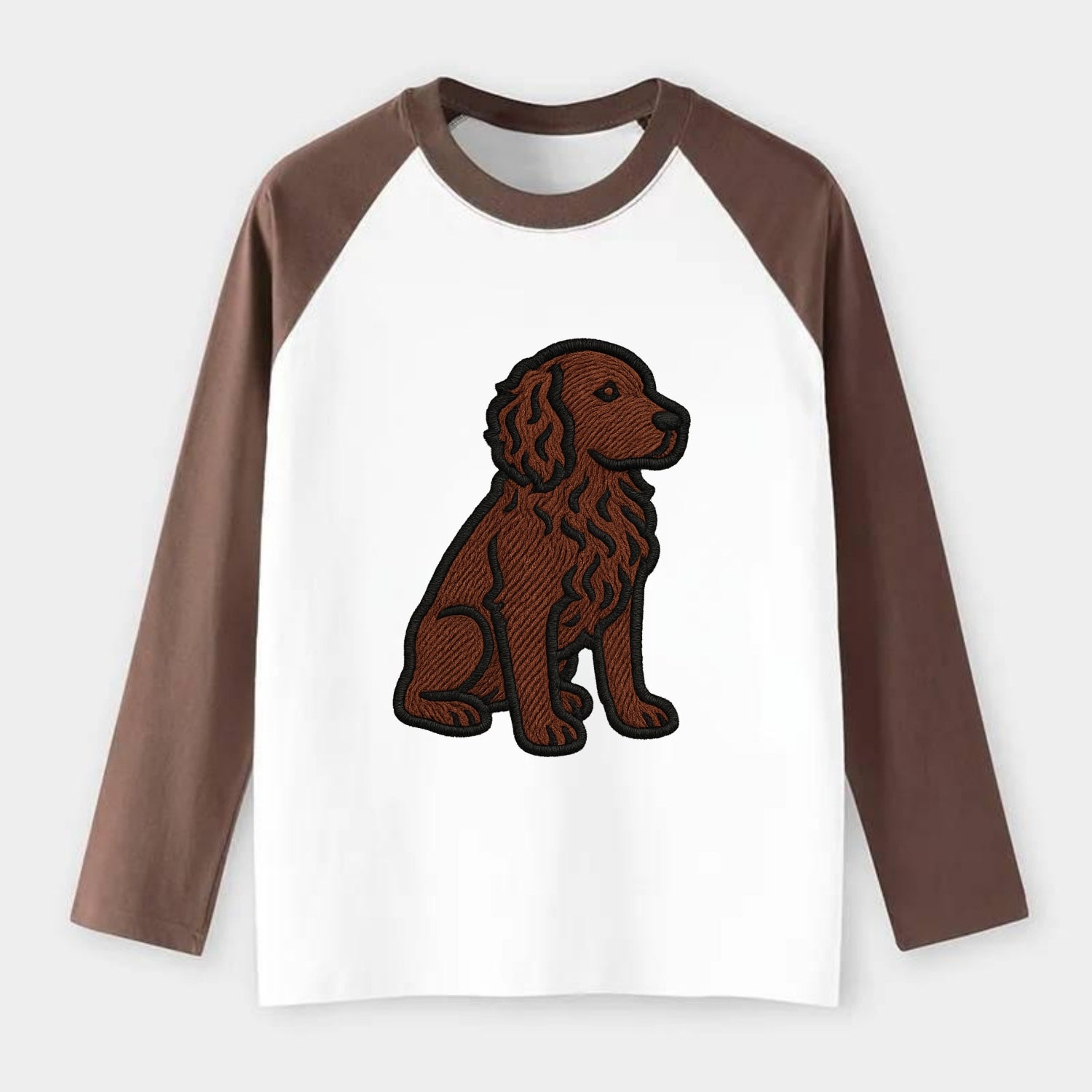Boykin Spaniel - Rich chocolate brown wavy coat embroidered sitting - Raglan Long Sleeve T-Shirt - Coffee