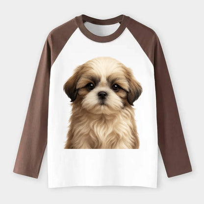 Baby Shih Tzu Puppy - long flowing coat, flat face, big dark eyes, - Raglan Long Sleeve T-Shirt - Coffee