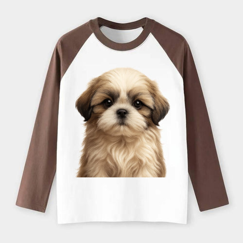 Baby Shih Tzu Puppy - long flowing coat, flat face, big dark eyes, - Raglan Long Sleeve T-Shirt