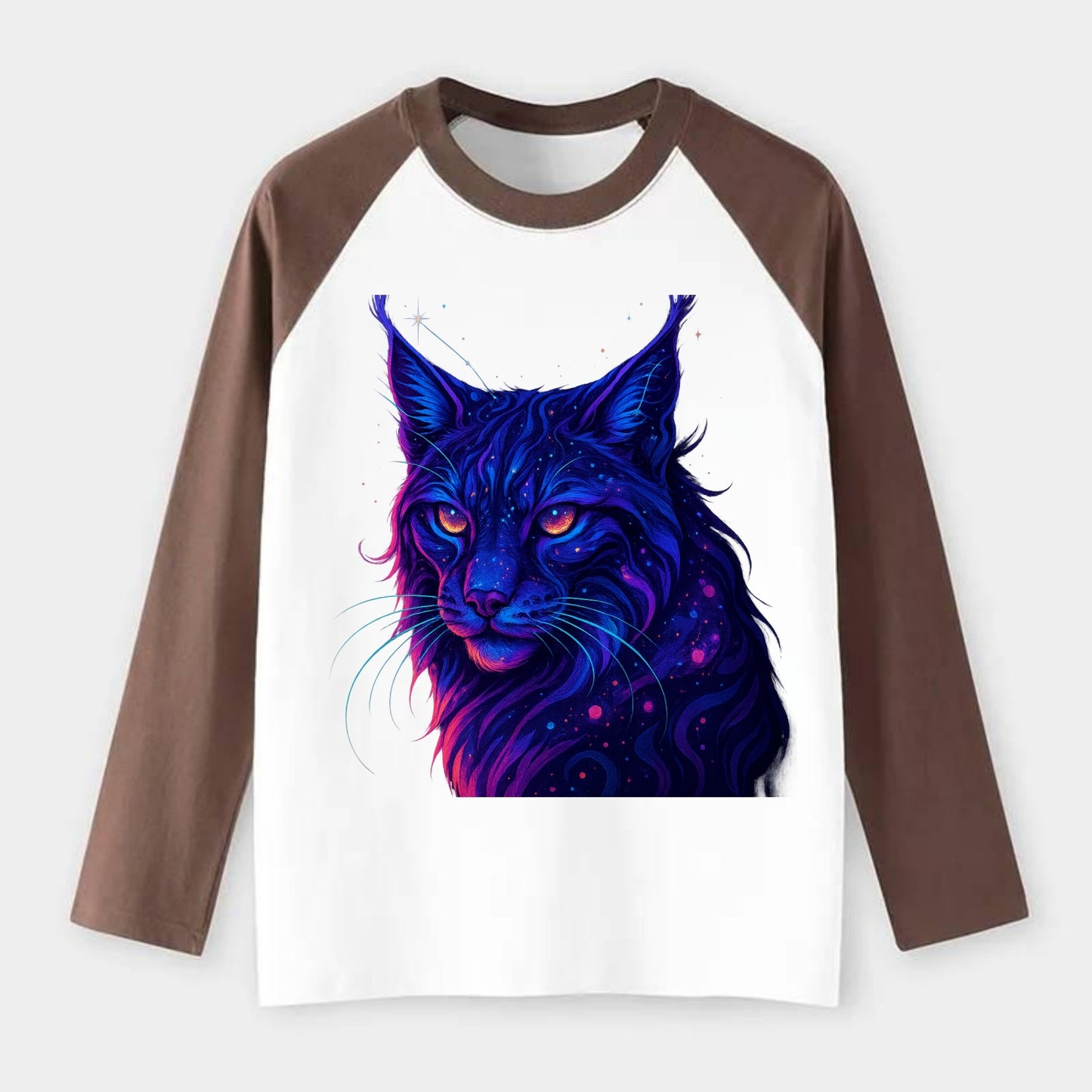 Stealthy lynx with ear tufts forming constellation patterns, nebula - Raglan Long Sleeve T-Shirt - Coffee