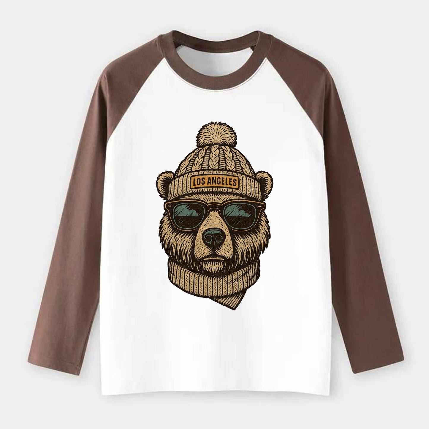 California Grizzly Bear wearing Los Angeles beanie with pom pom and - Raglan Long Sleeve T-Shirt - Coffee