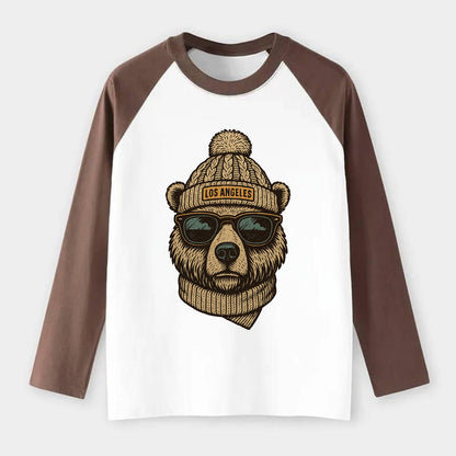 California Grizzly Bear wearing Los Angeles beanie with pom pom and - Raglan Long Sleeve T-Shirt - Coffee
