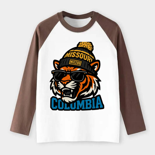 Columbia Tiger wearing Missouri beanie with Mizzou patch - Raglan Long Sleeve T-Shirt - Coffee