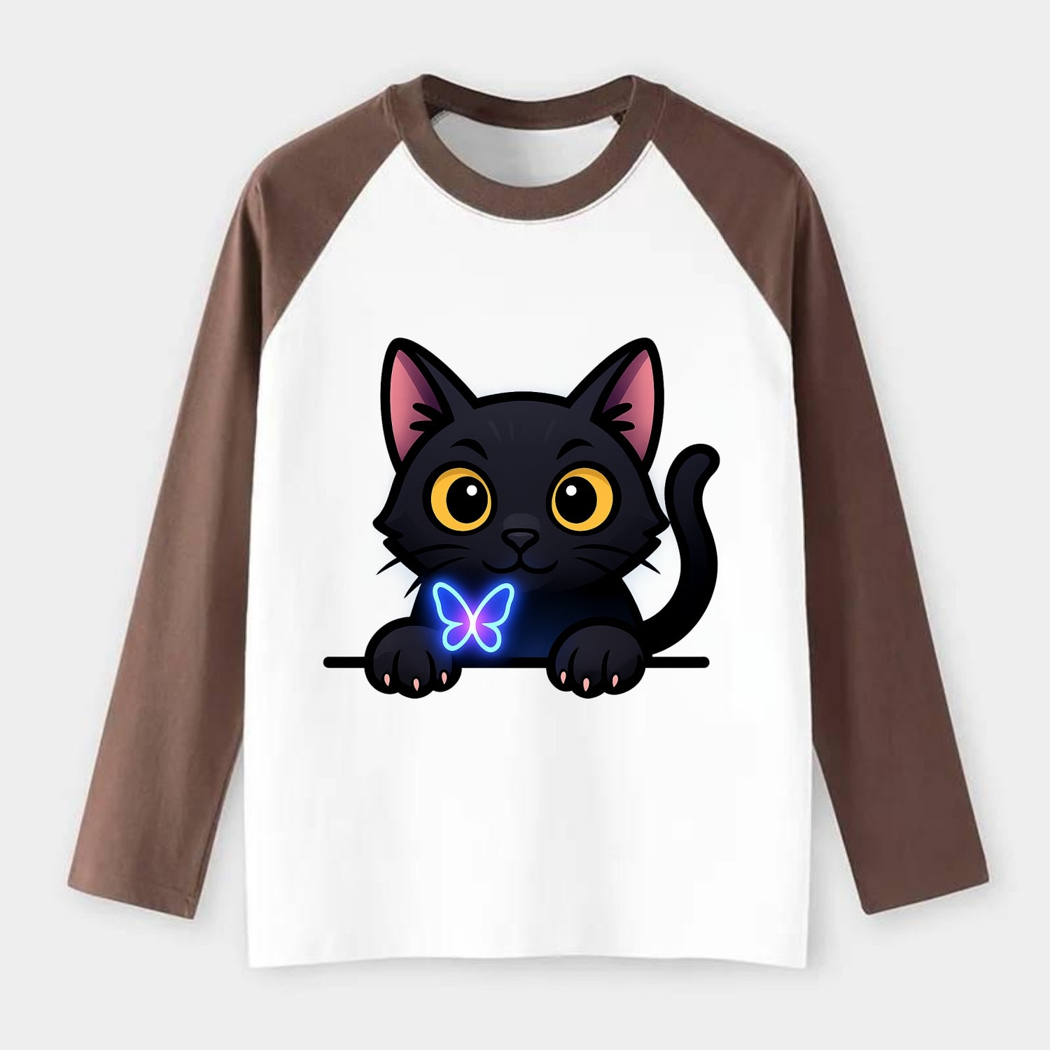 Midnight the black cat blowing a glossy bubblegum bubble while peeking. - Raglan Long Sleeve T-Shirt - Coffee