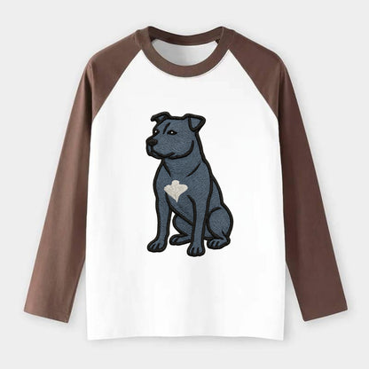 American Staffordshire Terrier - Blue embroidered design - Raglan Long Sleeve T-Shirt - Coffee
