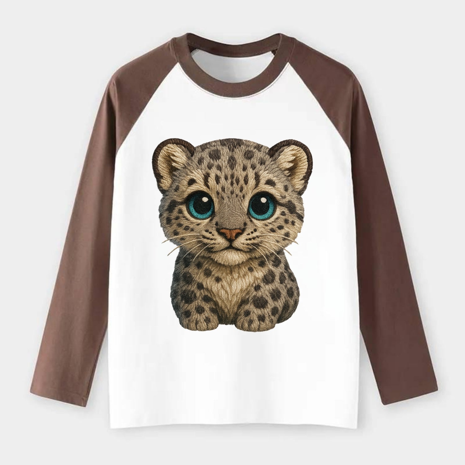 Baby Snow Leopard Cub - gray spotted, thick fur, blue-green eyes, - Raglan Long Sleeve T-Shirt - Coffee