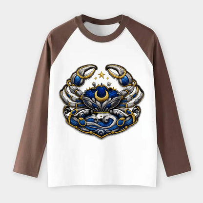 CANCER CRAB - protective crab in silver and blue , water sign - Raglan Long Sleeve T-Shirt - Coffee