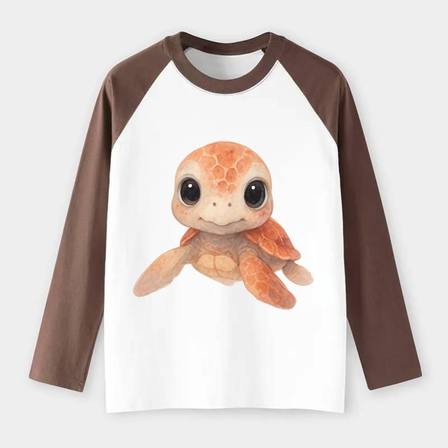 Baby Loggerhead Turtle - reddish-brown shell, big round dark eyes, - Raglan Long Sleeve T-Shirt - Coffee