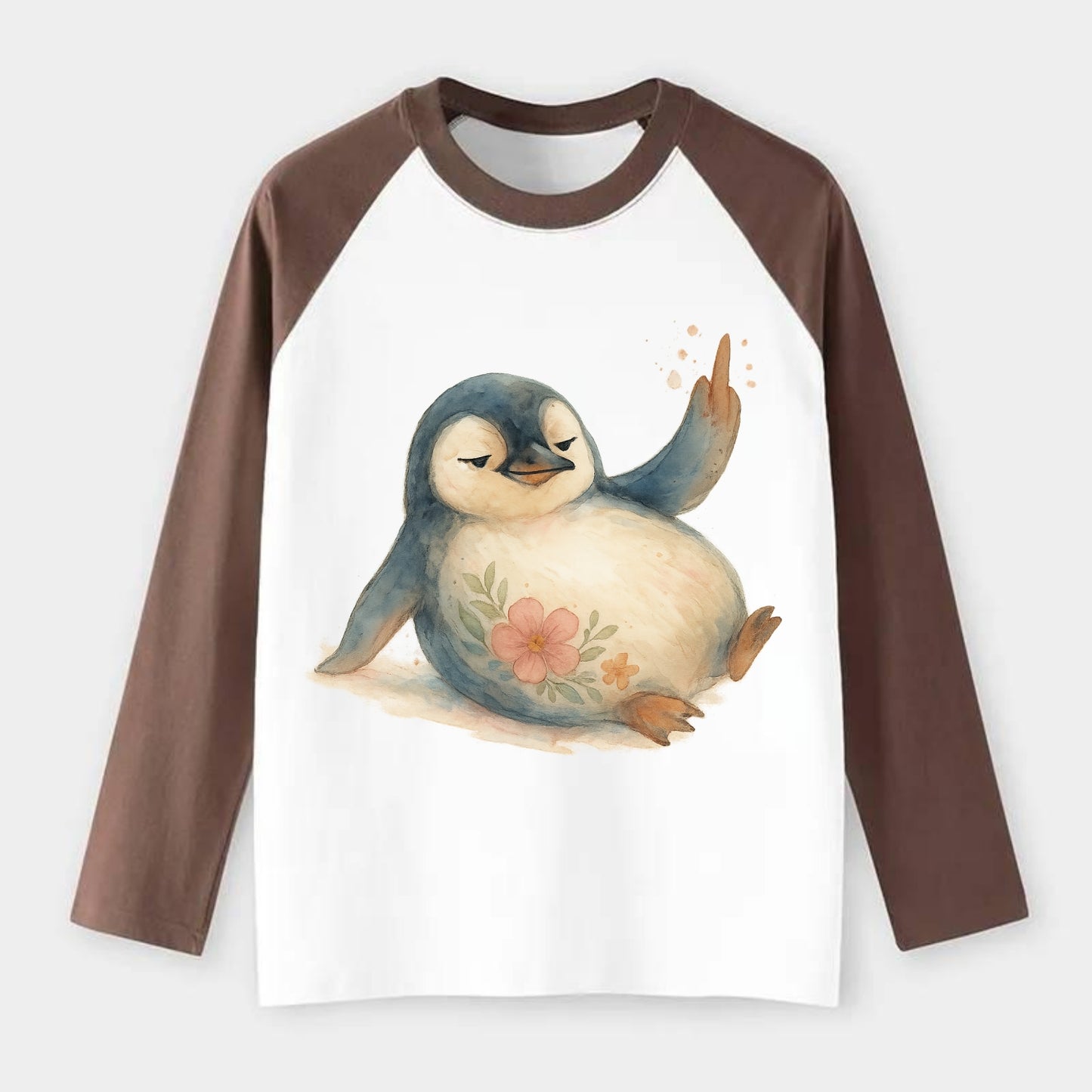 chubby penguin sliding on belly, one flipper up giving attitude - Raglan Long Sleeve T-Shirt - Coffee