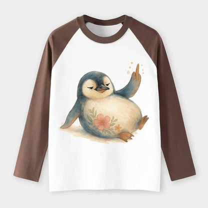 chubby penguin sliding on belly, one flipper up giving attitude - Raglan Long Sleeve T-Shirt - Coffee