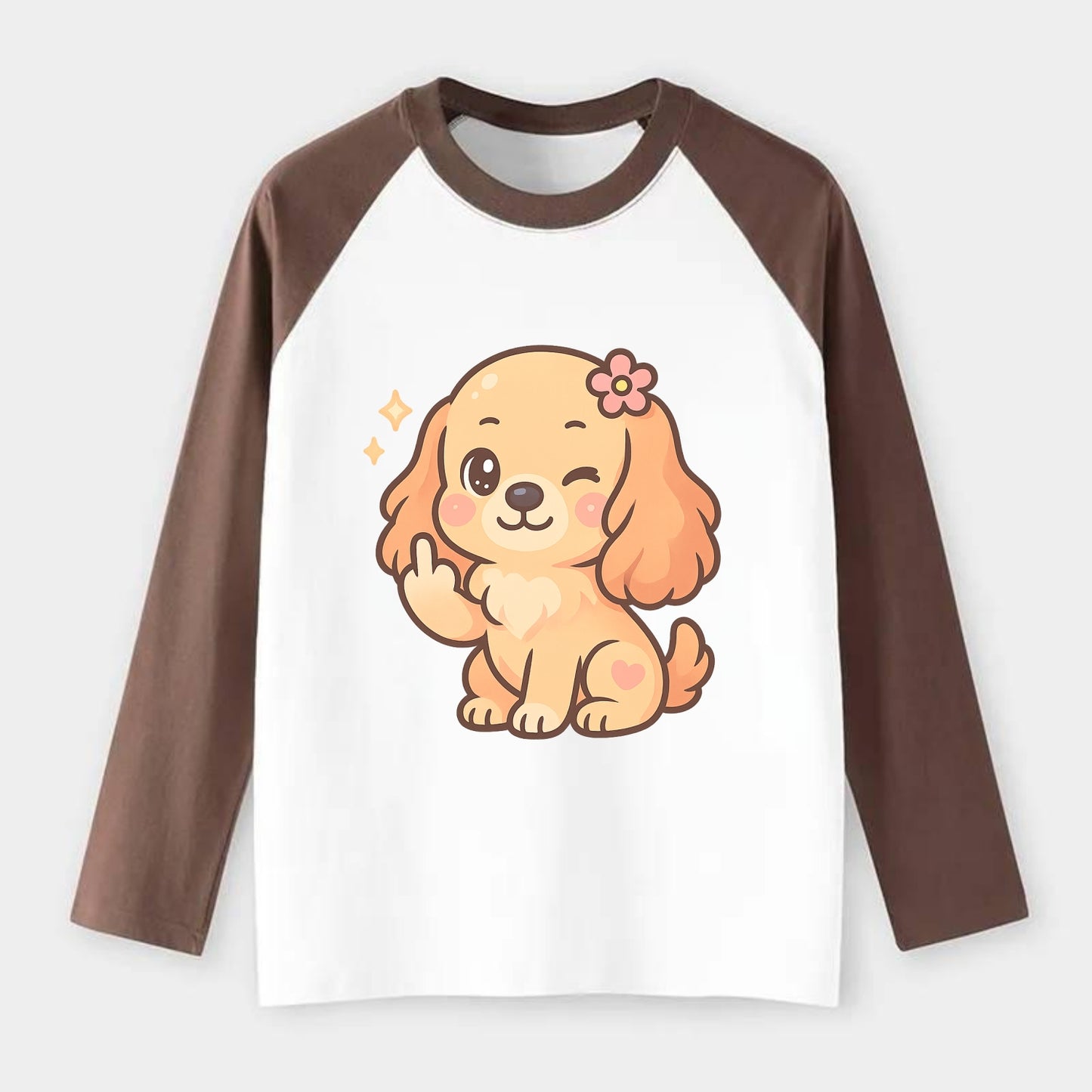Cocker Spaniel with long wavy ears, gentle face, paw flipping off - Raglan Long Sleeve T-Shirt - Coffee