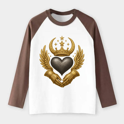 Nordic knotwork crown supporting a frosted steel heart with mittened - Raglan Long Sleeve T-Shirt - Coffee