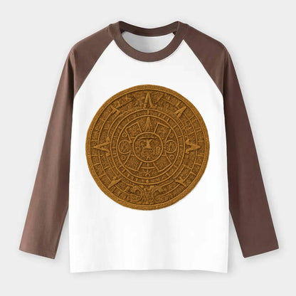 Aztec Calendar  - Raglan Long Sleeve T-Shirt - Coffee