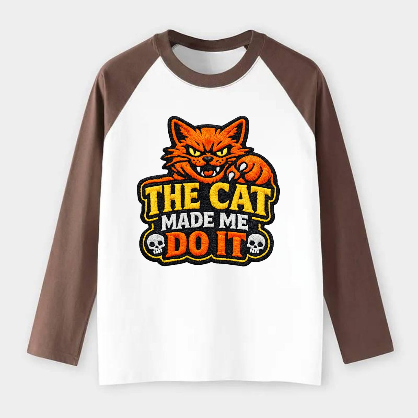 THE CAT MADE ME DO IT - mischievous cat in orange , blame the cat - Raglan Long Sleeve T-Shirt - Coffee