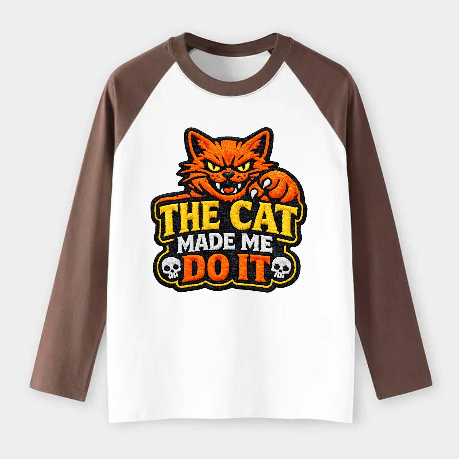 THE CAT MADE ME DO IT - mischievous cat in orange , blame the cat - Raglan Long Sleeve T-Shirt - Coffee