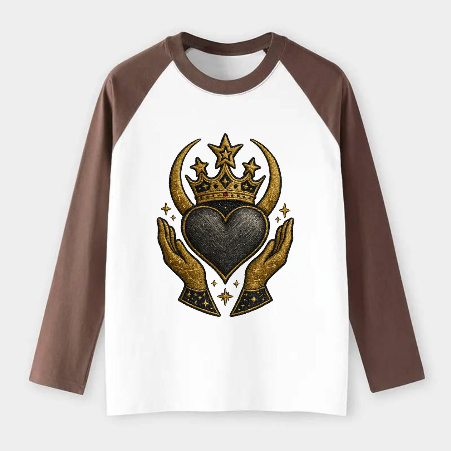 Celtic knot crown with woven strands merging into copper hands - Raglan Long Sleeve T-Shirt - Coffee