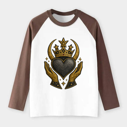 Celtic knot crown with woven strands merging into copper hands - Raglan Long Sleeve T-Shirt - Coffee