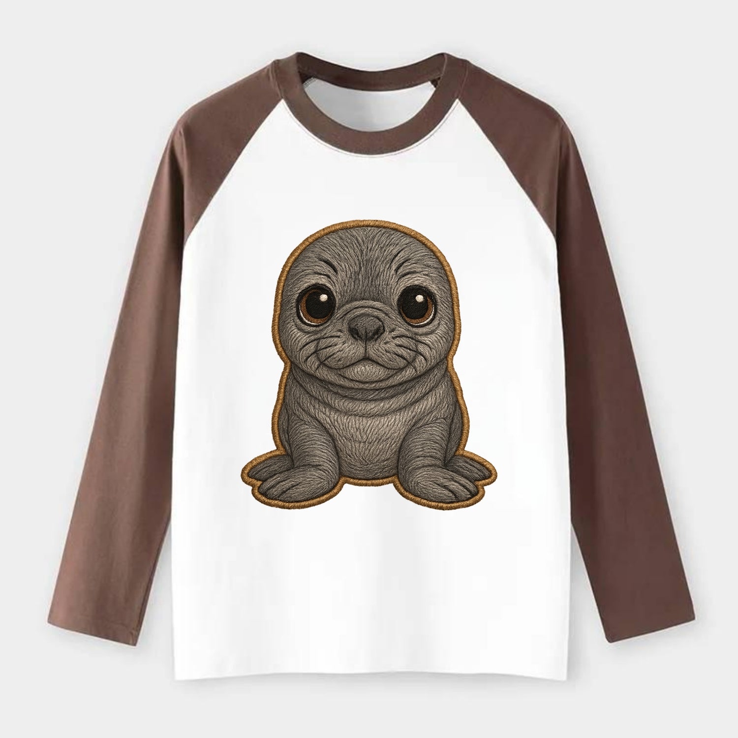 Baby Elephant Seal - gray wrinkly, tiny trunk nose, big dark eyes, - Raglan Long Sleeve T-Shirt - Coffee