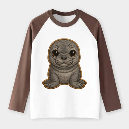 Baby Elephant Seal - gray wrinkly, tiny trunk nose, big dark eyes, - Raglan Long Sleeve T-Shirt - Coffee