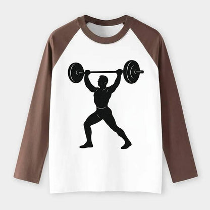 Weightlifter lifting barbell overhead - Raglan Long Sleeve T-Shirt - Coffee
