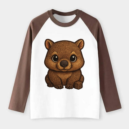 Baby Wombat - brown fur, square nose, small ears, dark eyes, - Raglan Long Sleeve T-Shirt - Coffee