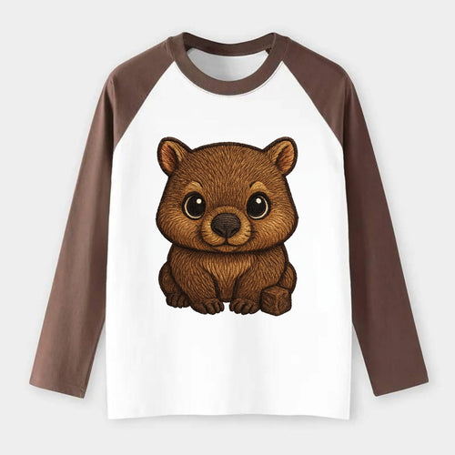 Baby Wombat - brown fur, square nose, small ears, dark eyes, - Raglan Long Sleeve T-Shirt