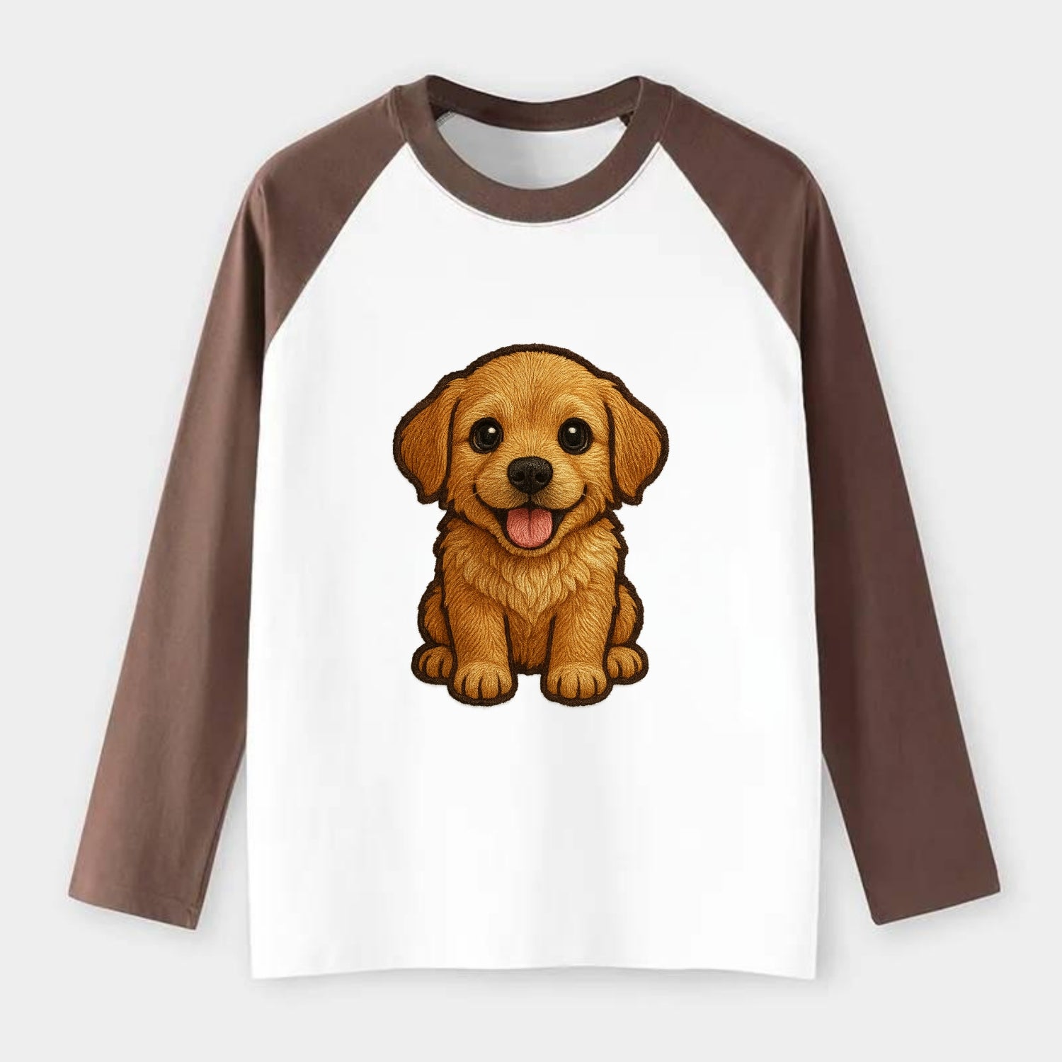 Baby Golden Retriever Puppy - fluffy golden fur, big brown eyes, pink - Raglan Long Sleeve T-Shirt - Coffee