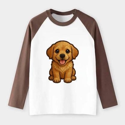 Baby Golden Retriever Puppy - fluffy golden fur, big brown eyes, pink - Raglan Long Sleeve T-Shirt - Coffee