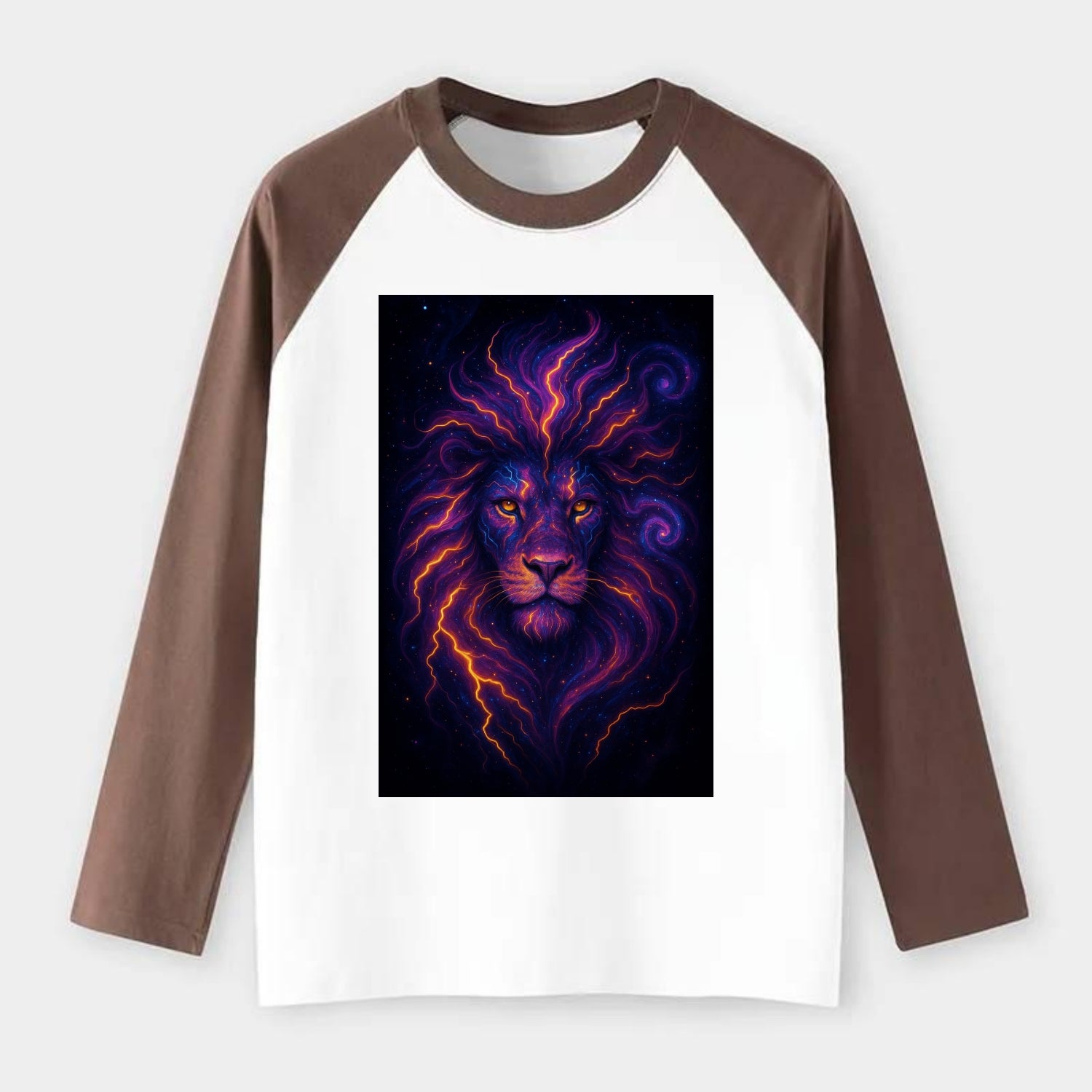 Regal lion with mane made of electric currents, neon yellow and hot - Raglan Long Sleeve T-Shirt - Coffee