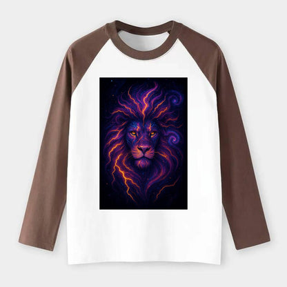 Regal lion with mane made of electric currents, neon yellow and hot - Raglan Long Sleeve T-Shirt - Coffee