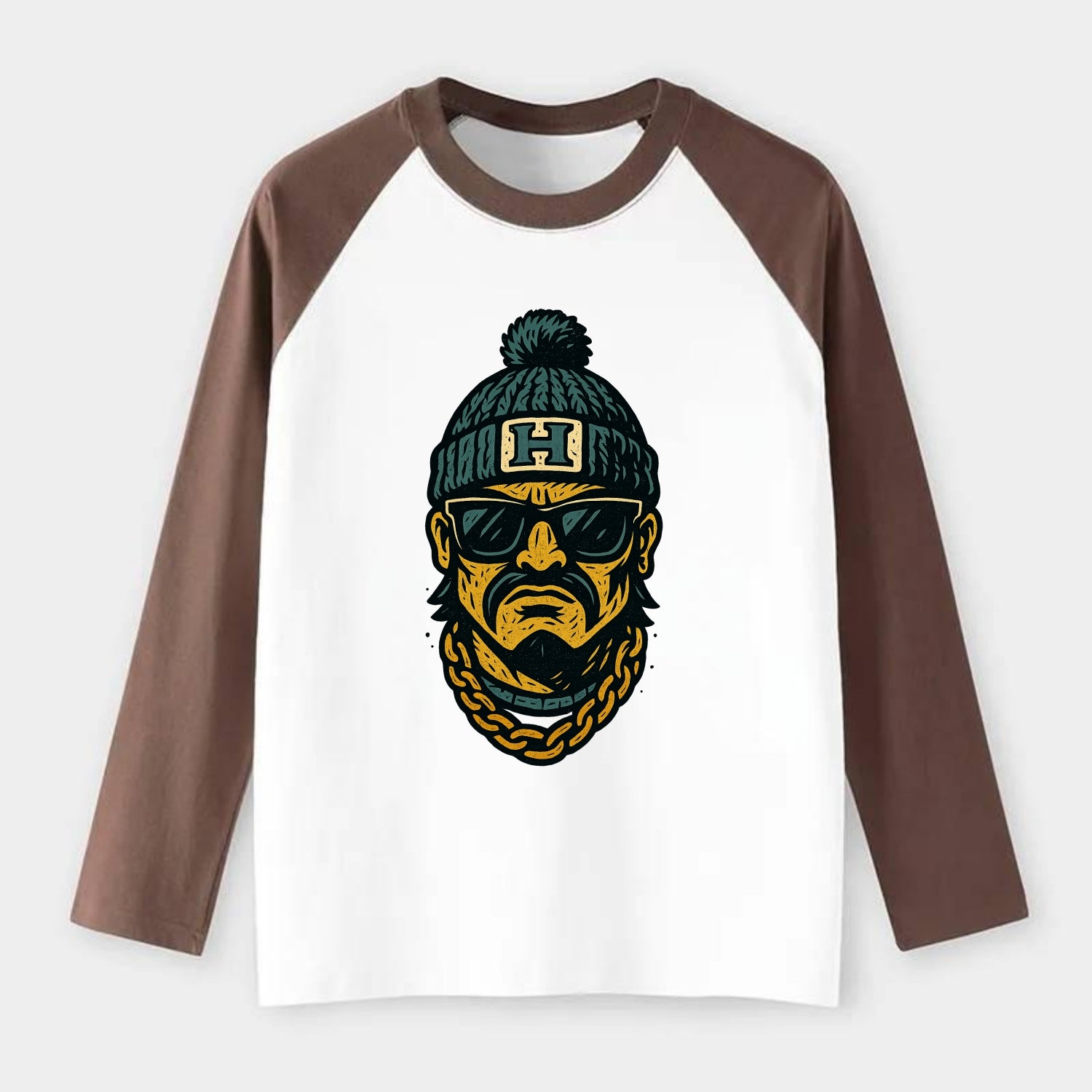 Honolulu Warrior wearing Hawaii beanie with H patch - Raglan Long Sleeve T-Shirt - Coffee