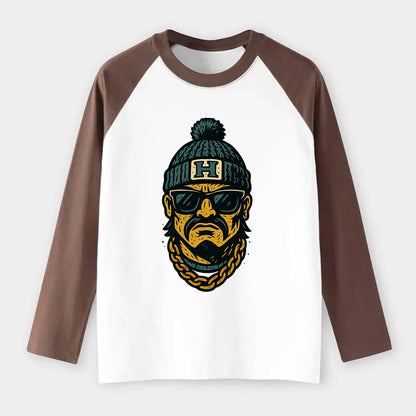 Honolulu Warrior wearing Hawaii beanie with H patch - Raglan Long Sleeve T-Shirt - Coffee