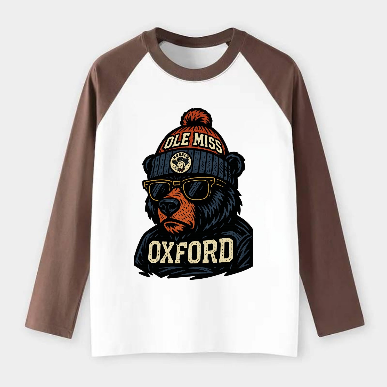 Oxford Black Bear wearing Ole Miss beanie with rebel patch - Raglan Long Sleeve T-Shirt - Coffee