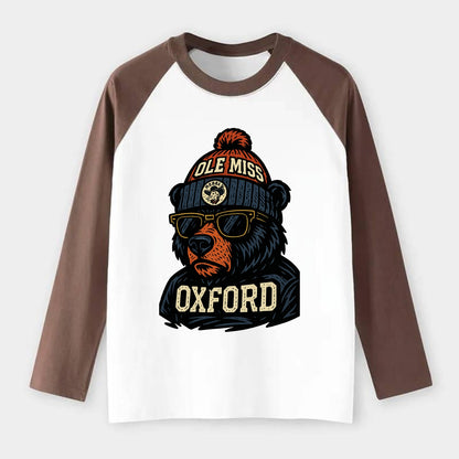 Oxford Black Bear wearing Ole Miss beanie with rebel patch - Raglan Long Sleeve T-Shirt - Coffee